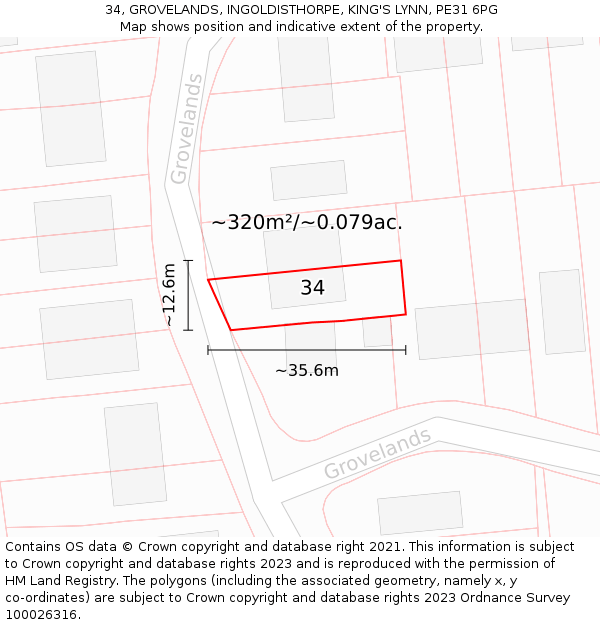 34, GROVELANDS, INGOLDISTHORPE, KING'S LYNN, PE31 6PG: Plot and title map