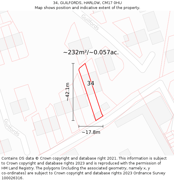 34, GUILFORDS, HARLOW, CM17 0HU: Plot and title map