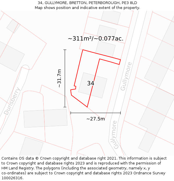34, GULLYMORE, BRETTON, PETERBOROUGH, PE3 8LD: Plot and title map