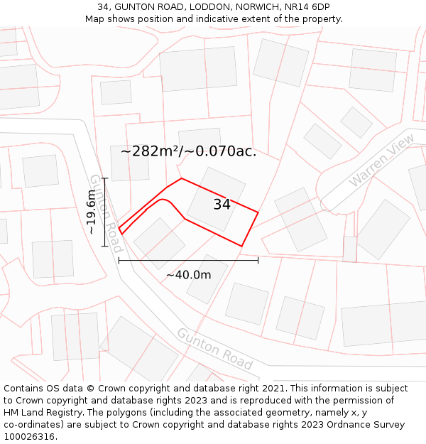 34, GUNTON ROAD, LODDON, NORWICH, NR14 6DP: Plot and title map