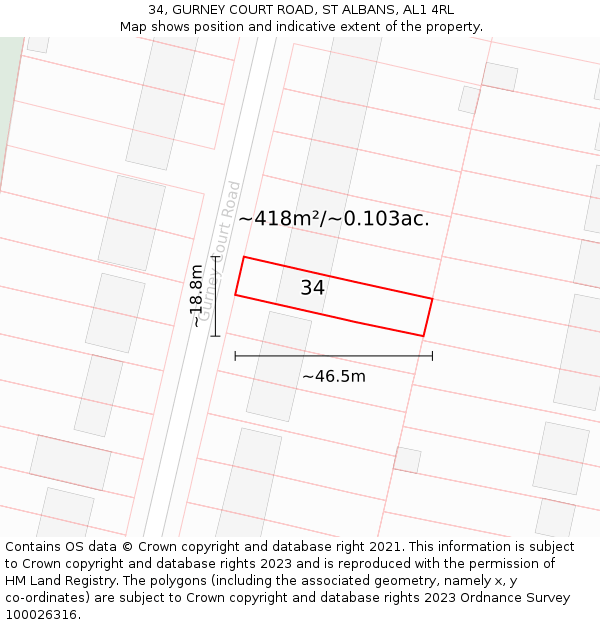 34, GURNEY COURT ROAD, ST ALBANS, AL1 4RL: Plot and title map