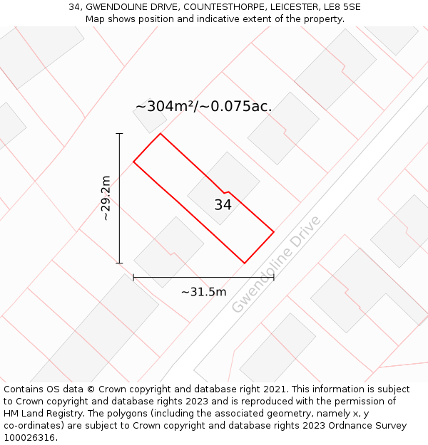 34, GWENDOLINE DRIVE, COUNTESTHORPE, LEICESTER, LE8 5SE: Plot and title map