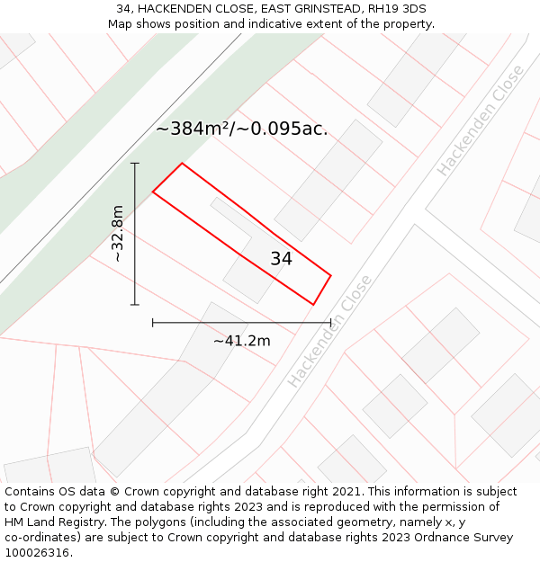 34, HACKENDEN CLOSE, EAST GRINSTEAD, RH19 3DS: Plot and title map