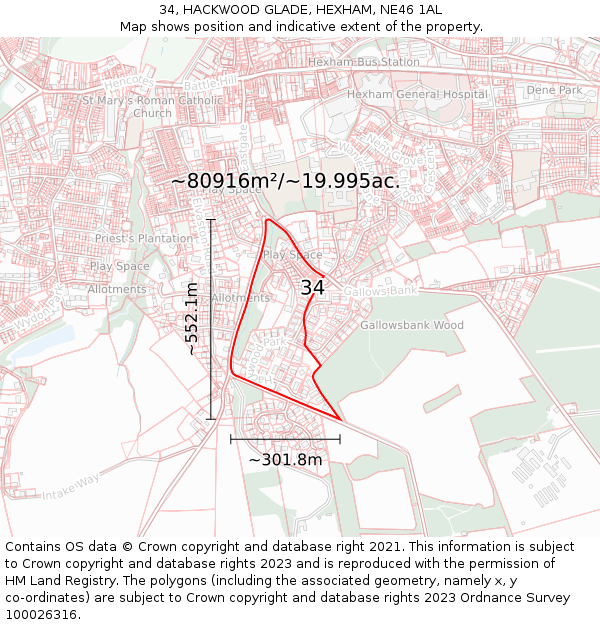 34, HACKWOOD GLADE, HEXHAM, NE46 1AL: Plot and title map