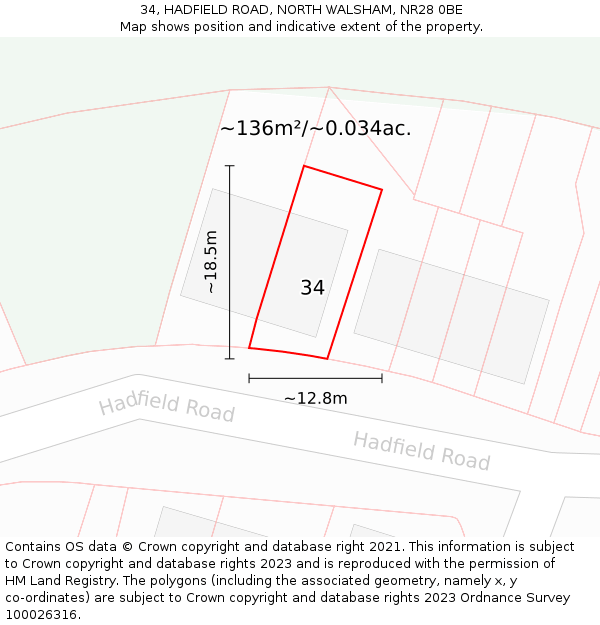 34, HADFIELD ROAD, NORTH WALSHAM, NR28 0BE: Plot and title map
