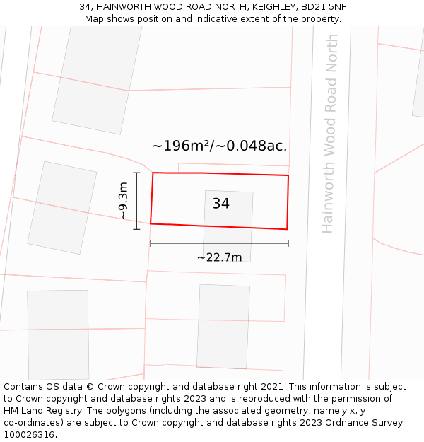 34, HAINWORTH WOOD ROAD NORTH, KEIGHLEY, BD21 5NF: Plot and title map
