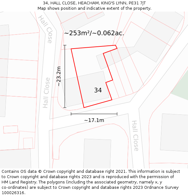 34, HALL CLOSE, HEACHAM, KING'S LYNN, PE31 7JT: Plot and title map