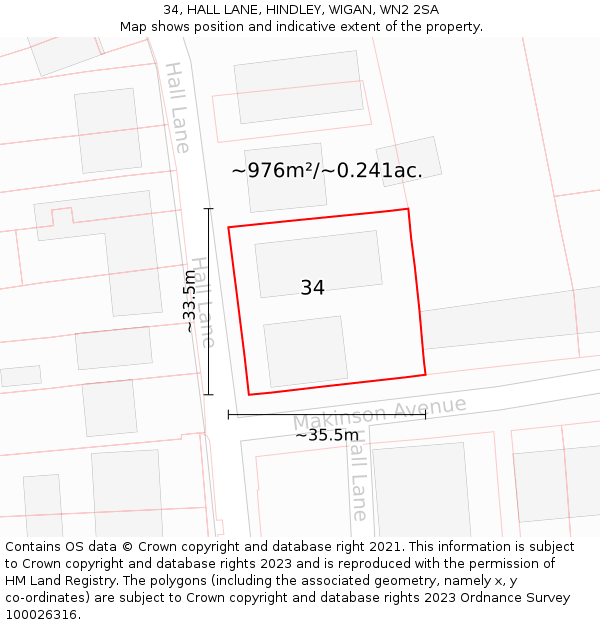 34, HALL LANE, HINDLEY, WIGAN, WN2 2SA: Plot and title map