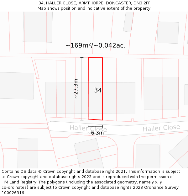 34, HALLER CLOSE, ARMTHORPE, DONCASTER, DN3 2FF: Plot and title map