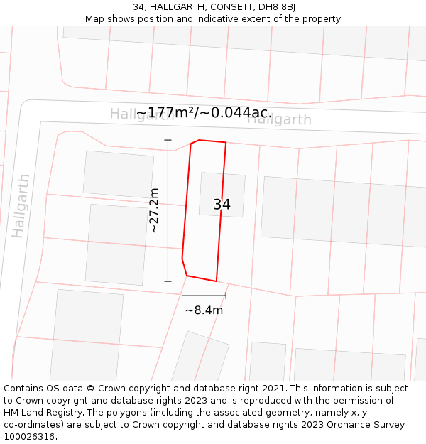 34, HALLGARTH, CONSETT, DH8 8BJ: Plot and title map