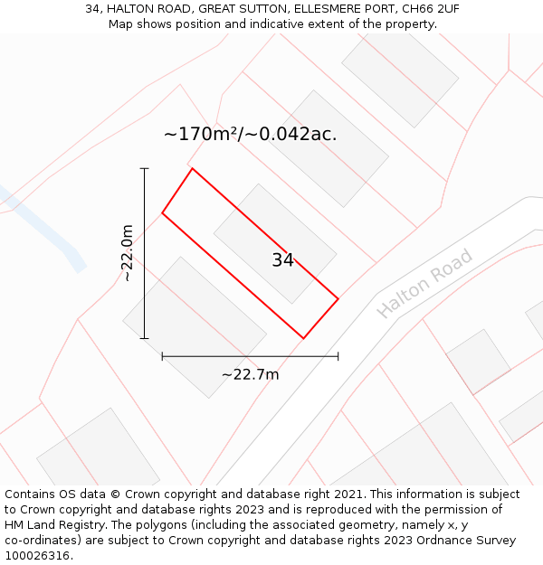 34, HALTON ROAD, GREAT SUTTON, ELLESMERE PORT, CH66 2UF: Plot and title map