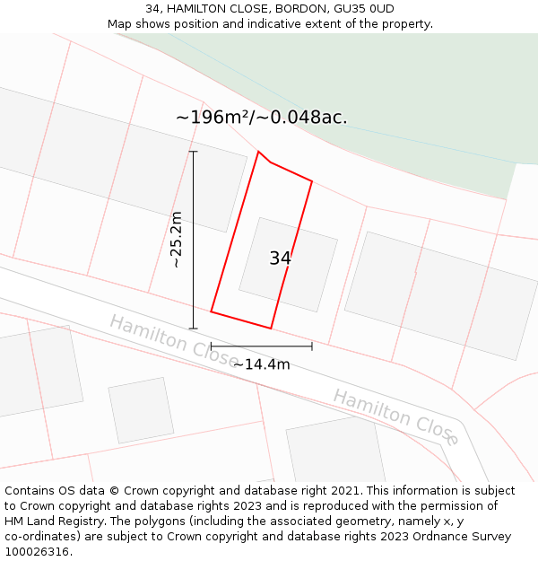34, HAMILTON CLOSE, BORDON, GU35 0UD: Plot and title map