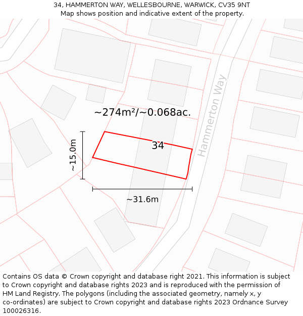 34, HAMMERTON WAY, WELLESBOURNE, WARWICK, CV35 9NT: Plot and title map