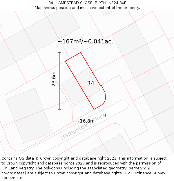 34, HAMPSTEAD CLOSE, BLYTH, NE24 3XE: Plot and title map