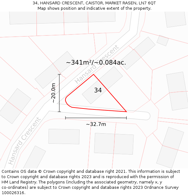 34, HANSARD CRESCENT, CAISTOR, MARKET RASEN, LN7 6QT: Plot and title map