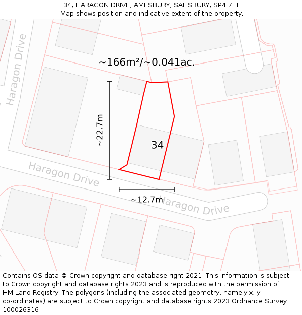34, HARAGON DRIVE, AMESBURY, SALISBURY, SP4 7FT: Plot and title map