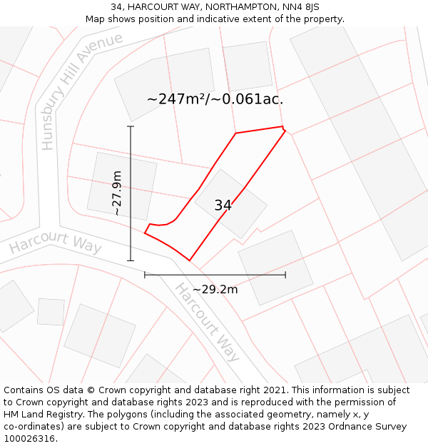 34, HARCOURT WAY, NORTHAMPTON, NN4 8JS: Plot and title map