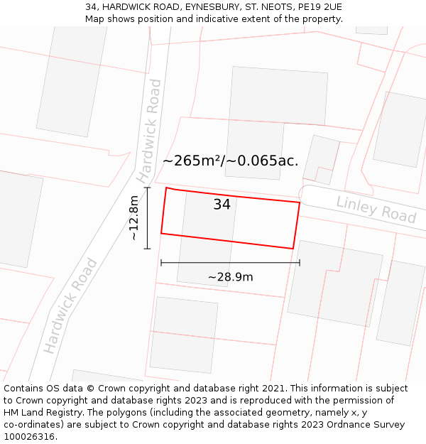 34, HARDWICK ROAD, EYNESBURY, ST. NEOTS, PE19 2UE: Plot and title map