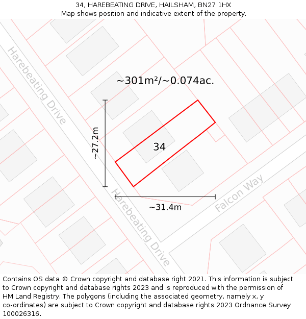 34, HAREBEATING DRIVE, HAILSHAM, BN27 1HX: Plot and title map