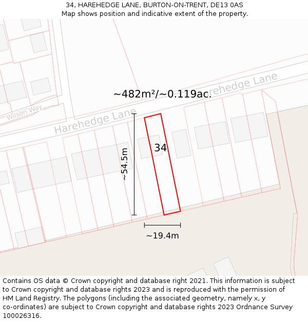 34, HAREHEDGE LANE, BURTON-ON-TRENT, DE13 0AS: Plot and title map