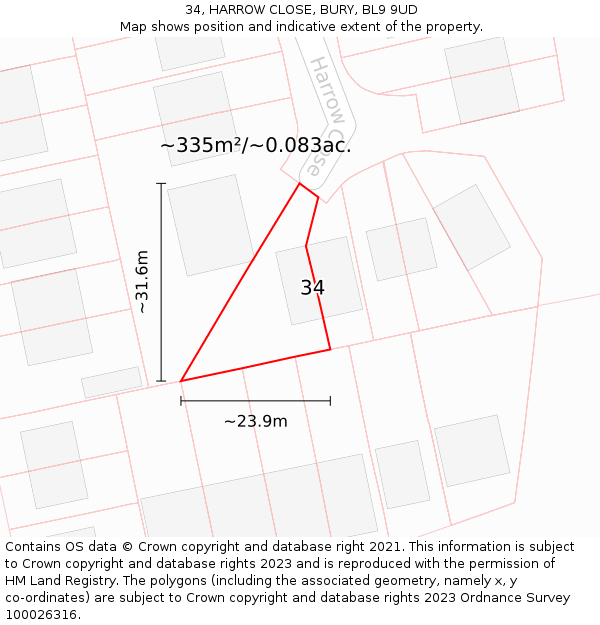 34, HARROW CLOSE, BURY, BL9 9UD: Plot and title map