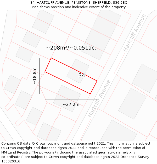 34, HARTCLIFF AVENUE, PENISTONE, SHEFFIELD, S36 6BQ: Plot and title map
