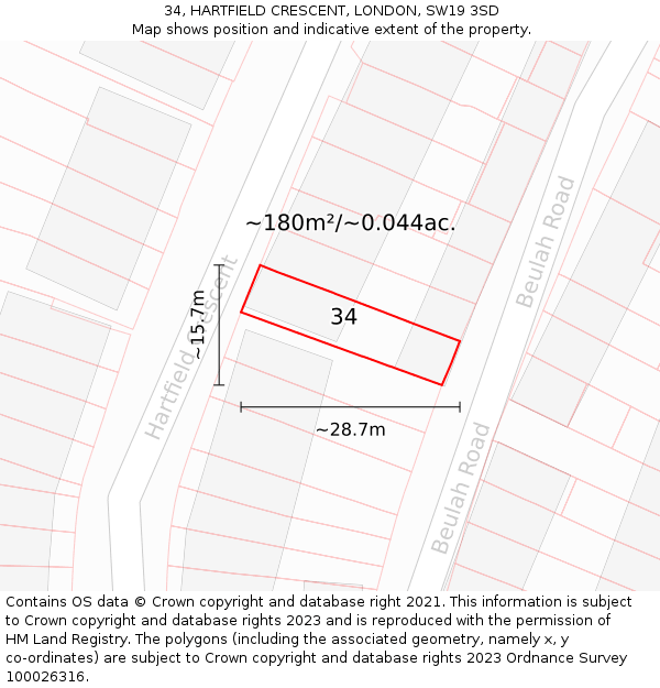 34, HARTFIELD CRESCENT, LONDON, SW19 3SD: Plot and title map