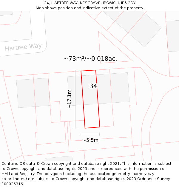 34, HARTREE WAY, KESGRAVE, IPSWICH, IP5 2DY: Plot and title map