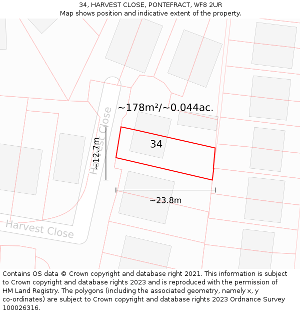 34, HARVEST CLOSE, PONTEFRACT, WF8 2UR: Plot and title map