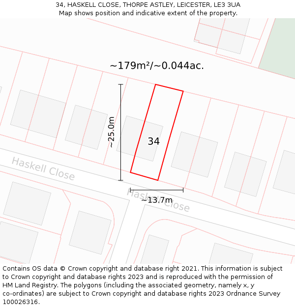 34, HASKELL CLOSE, THORPE ASTLEY, LEICESTER, LE3 3UA: Plot and title map