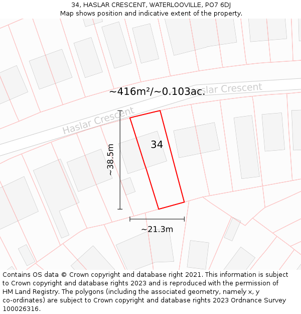 34, HASLAR CRESCENT, WATERLOOVILLE, PO7 6DJ: Plot and title map