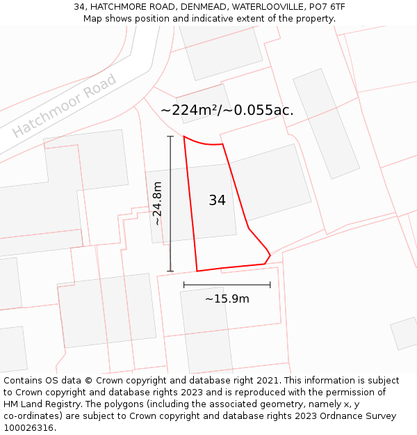 34, HATCHMORE ROAD, DENMEAD, WATERLOOVILLE, PO7 6TF: Plot and title map