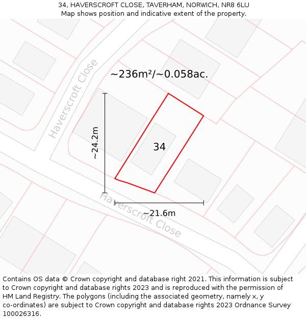 34, HAVERSCROFT CLOSE, TAVERHAM, NORWICH, NR8 6LU: Plot and title map