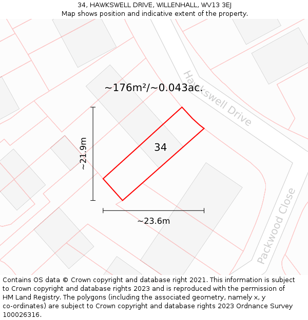 34, HAWKSWELL DRIVE, WILLENHALL, WV13 3EJ: Plot and title map