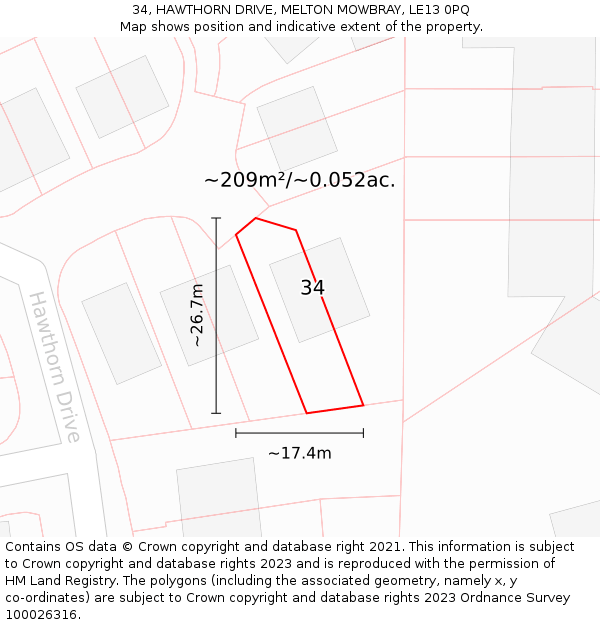 34, HAWTHORN DRIVE, MELTON MOWBRAY, LE13 0PQ: Plot and title map