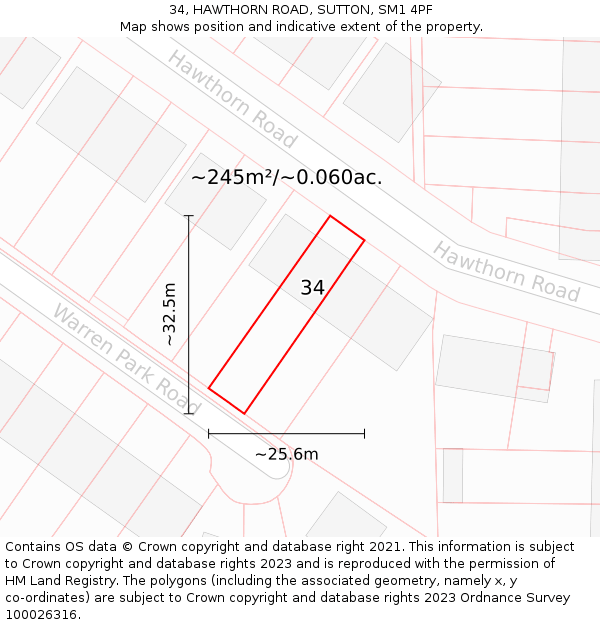 34, HAWTHORN ROAD, SUTTON, SM1 4PF: Plot and title map