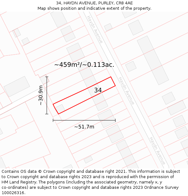34, HAYDN AVENUE, PURLEY, CR8 4AE: Plot and title map