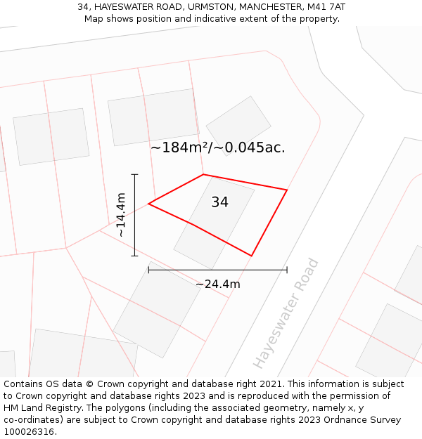 34, HAYESWATER ROAD, URMSTON, MANCHESTER, M41 7AT: Plot and title map