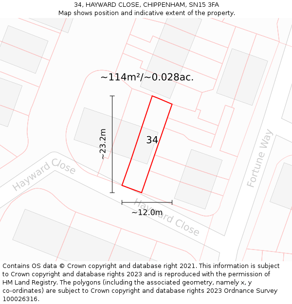 34, HAYWARD CLOSE, CHIPPENHAM, SN15 3FA: Plot and title map