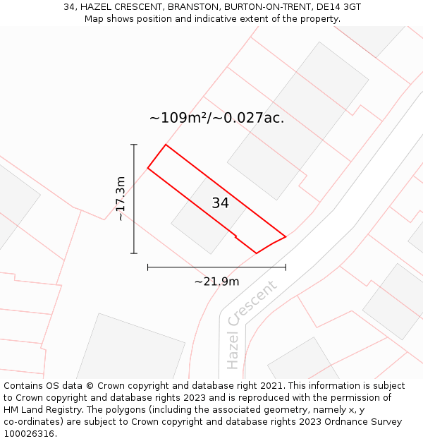 34, HAZEL CRESCENT, BRANSTON, BURTON-ON-TRENT, DE14 3GT: Plot and title map