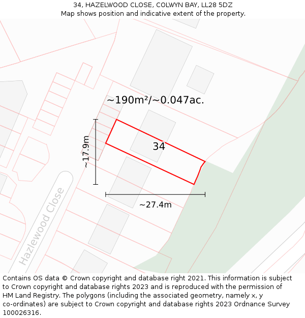 34, HAZELWOOD CLOSE, COLWYN BAY, LL28 5DZ: Plot and title map