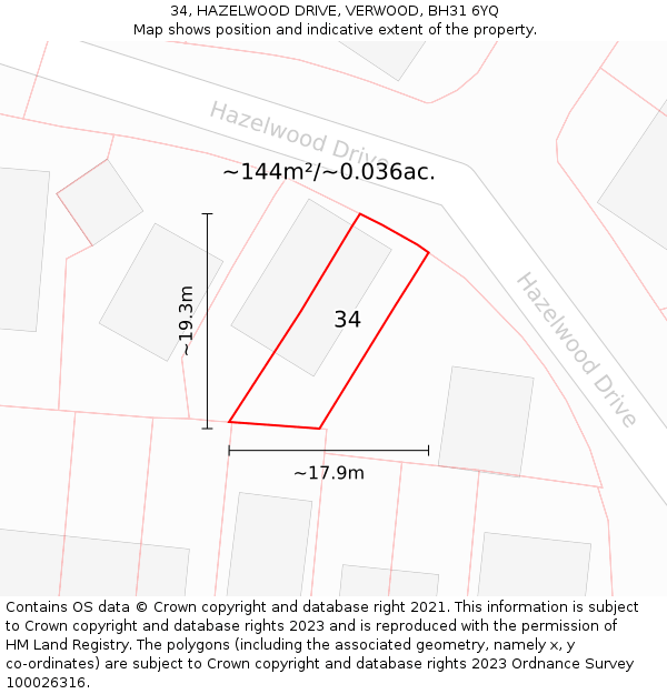 34, HAZELWOOD DRIVE, VERWOOD, BH31 6YQ: Plot and title map
