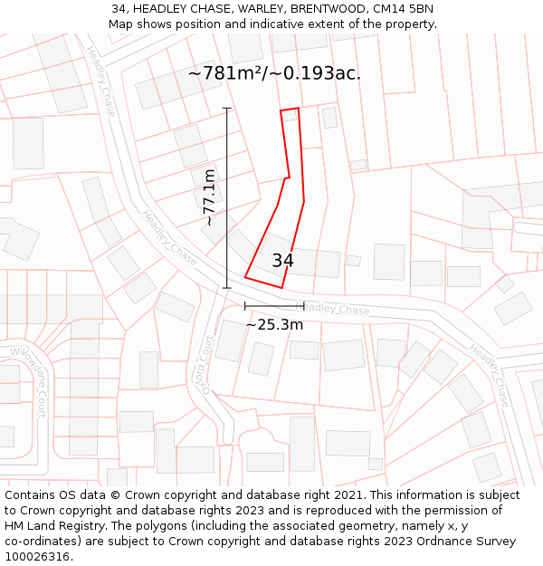 34, HEADLEY CHASE, WARLEY, BRENTWOOD, CM14 5BN: Plot and title map