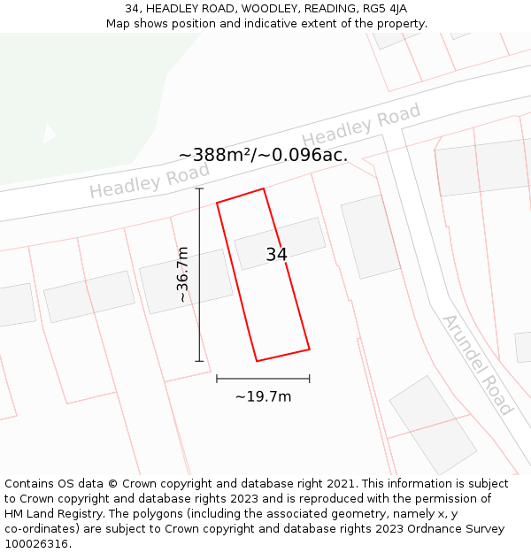 34, HEADLEY ROAD, WOODLEY, READING, RG5 4JA: Plot and title map