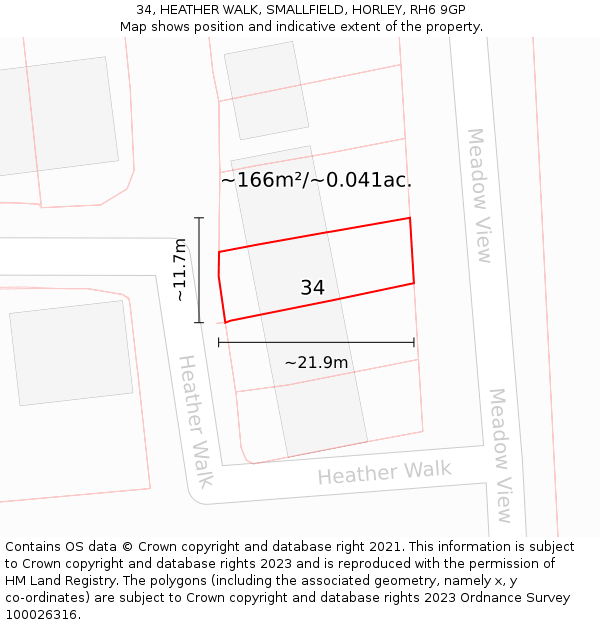 34, HEATHER WALK, SMALLFIELD, HORLEY, RH6 9GP: Plot and title map