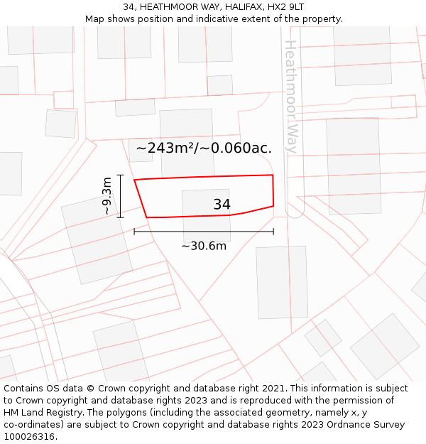 34, HEATHMOOR WAY, HALIFAX, HX2 9LT: Plot and title map