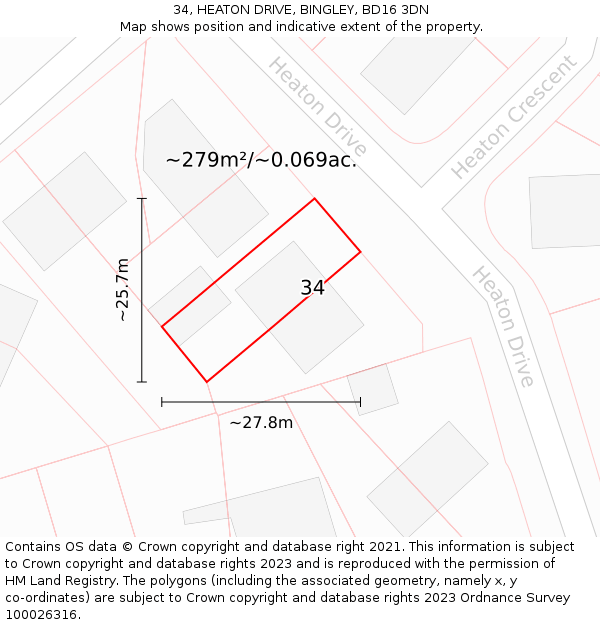 34, HEATON DRIVE, BINGLEY, BD16 3DN: Plot and title map