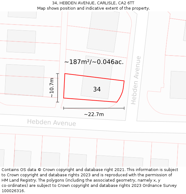 34, HEBDEN AVENUE, CARLISLE, CA2 6TT: Plot and title map