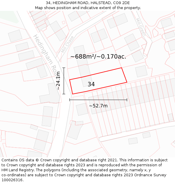 34, HEDINGHAM ROAD, HALSTEAD, CO9 2DE: Plot and title map