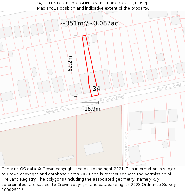 34, HELPSTON ROAD, GLINTON, PETERBOROUGH, PE6 7JT: Plot and title map